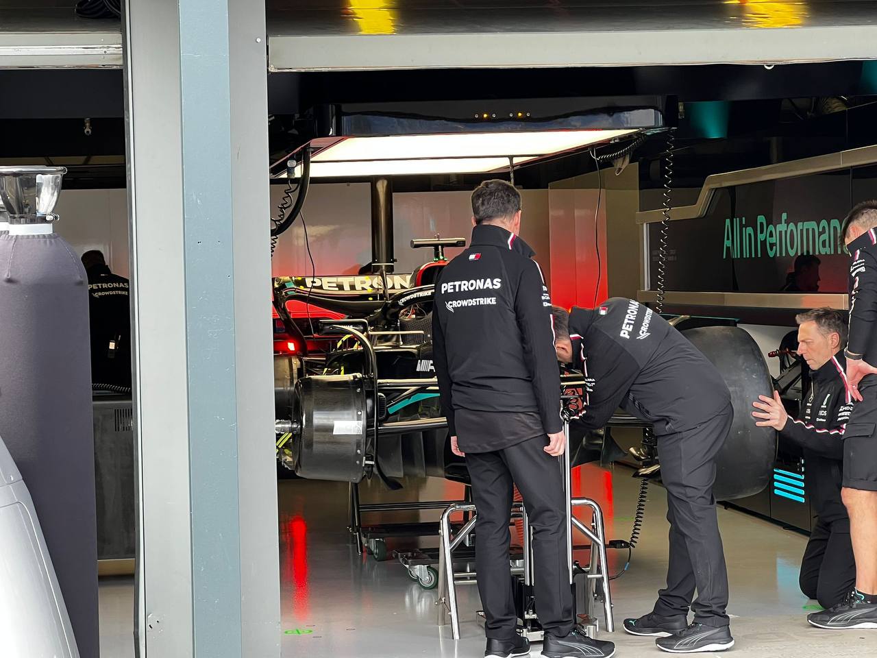 The Mercedes W14 in the pits of the Melbourne circuit