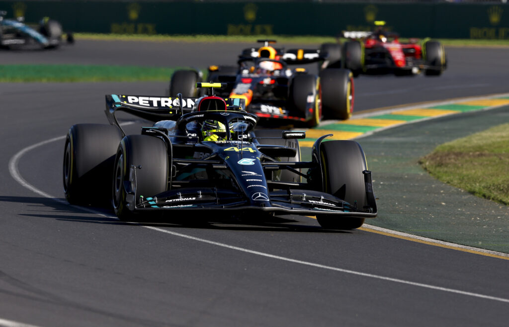 Mercedes W14, Lewis Hamilton - Red Bull RB19, Max Verstappen - Ferrari SF-23, Carlos Sainz.