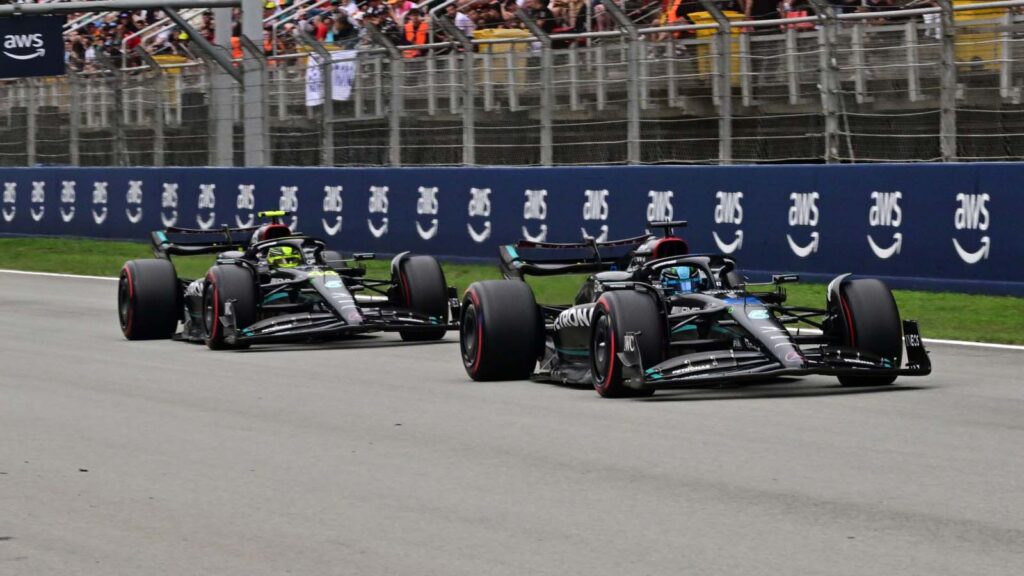 Pirelli, Mercedes W14, George Russell & Lewis Hamilton